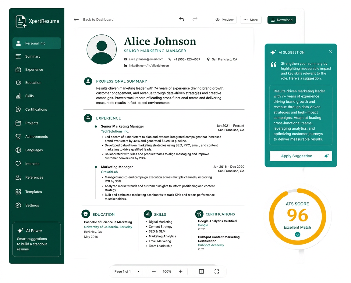 XpertRes CV editor showing a resume being refined with an AI suggestion and ATS match score